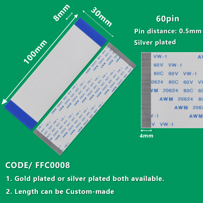 FFC0008  FFC/FPC Flexible Flat Cable Pitch 0.5mm 60-Pin AWM 20624 80C 60V VW-1 L:100mm W:30mm