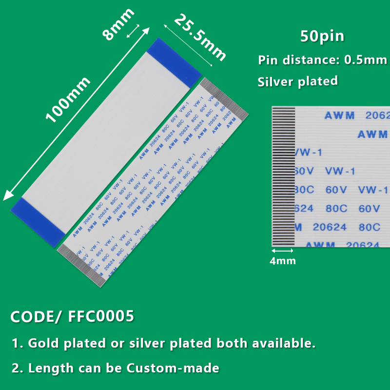 FFC0005  FFC/FPC Flexible Flat Cable Pitch 0.5mm 50-Pin AWM 20624 80C 60V VW-1 L:100mm W:25.5mm