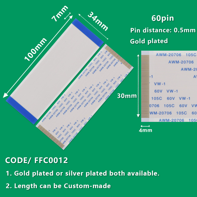 FFC0012  FFC/FPC Flexible Flat Cable Pitch 0.5mm 60-Pin AWM 20706 105C 60V VW-1 L:100mm W:34mm