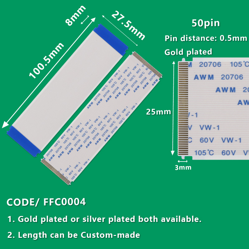 FFC0004  FFC/FPC Flexible Flat Cable Pitch 0.5mm 50-Pin AWM 20706 1050C 60V VW-1 L:100.5mm W:27.5mm