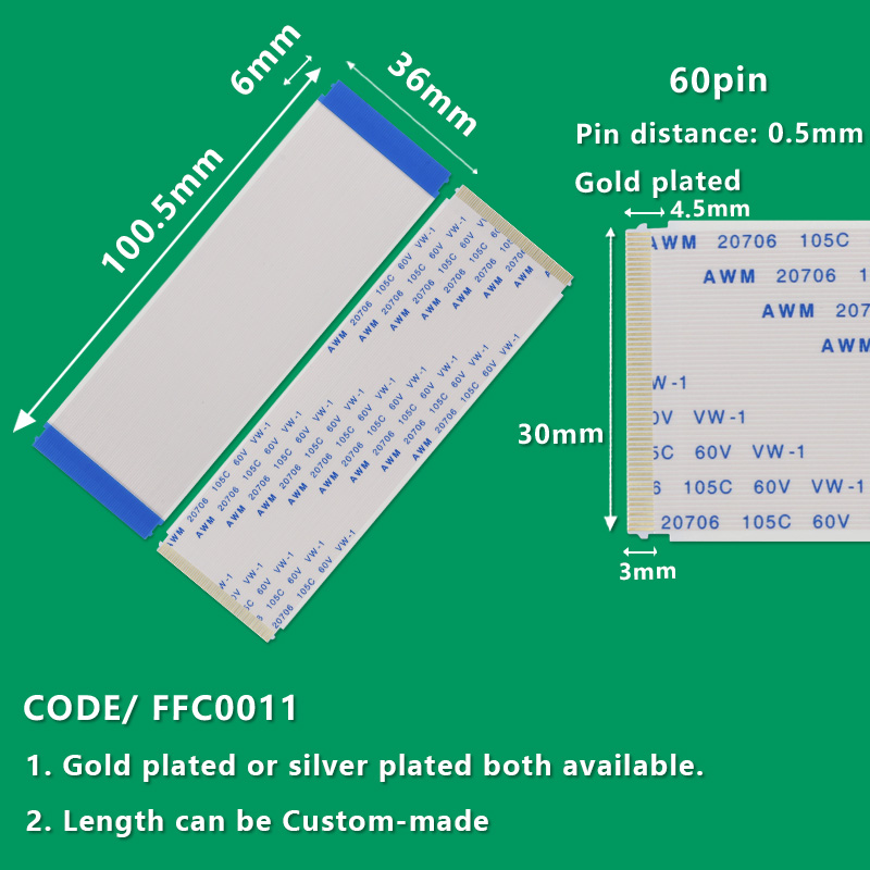 FFC0011  FFC/FPC Flexible Flat Cable Pitch 0.5mm 60-Pin AWM 20706 105C 60V VW-1 L:100.5mm W:36mm