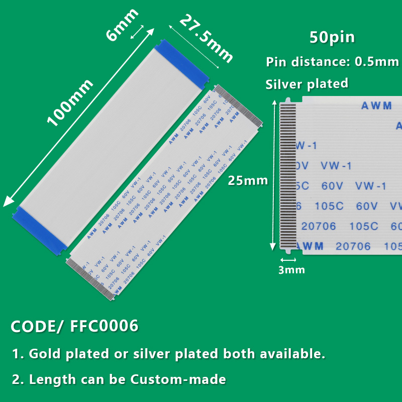 FFC0006  FFC/FPC Flexible Flat Cable Pitch 0.5mm 50-Pin AWM 20706 105C 60V VW-1 L:100mm W:27.5mm