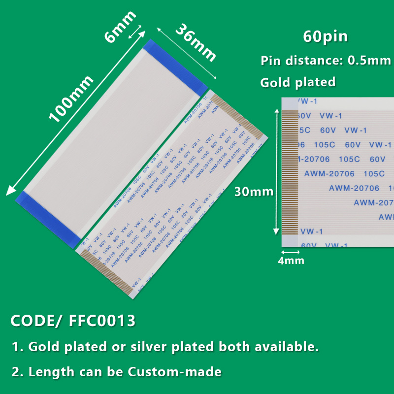 FFC0013  FFC/FPC Flexible Flat Cable Pitch 0.5mm 60-Pin AWM 20706 105C 60V VW-1 L:100mm W:36mm