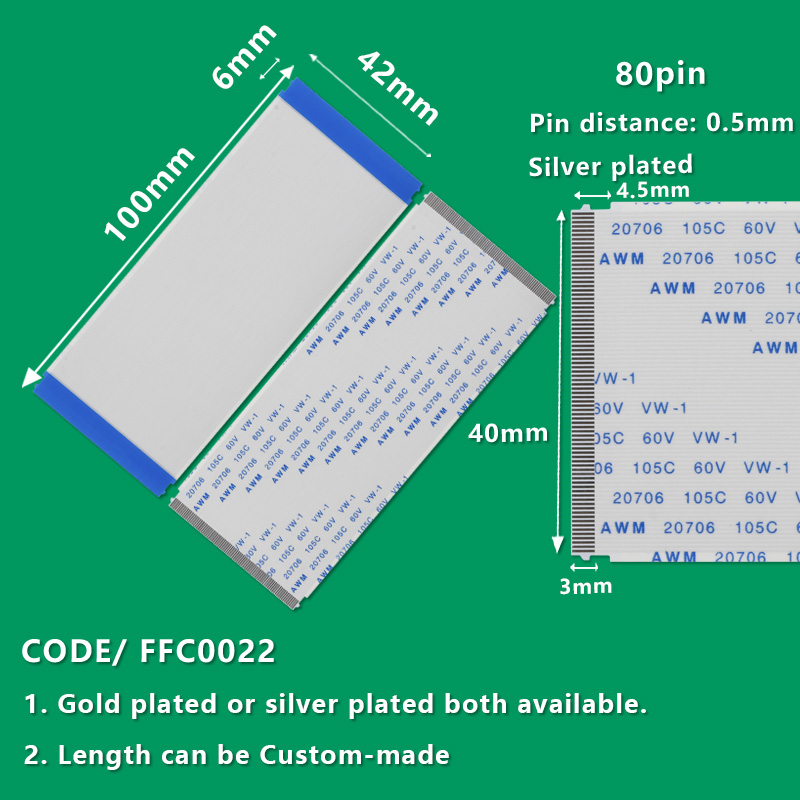 FFC0022 FFC/FPC Flexible Flat Cable Pitch 0.5mm 80-Pin AWM 20706 105C 60V VW-1 L:100mm W:42mm 