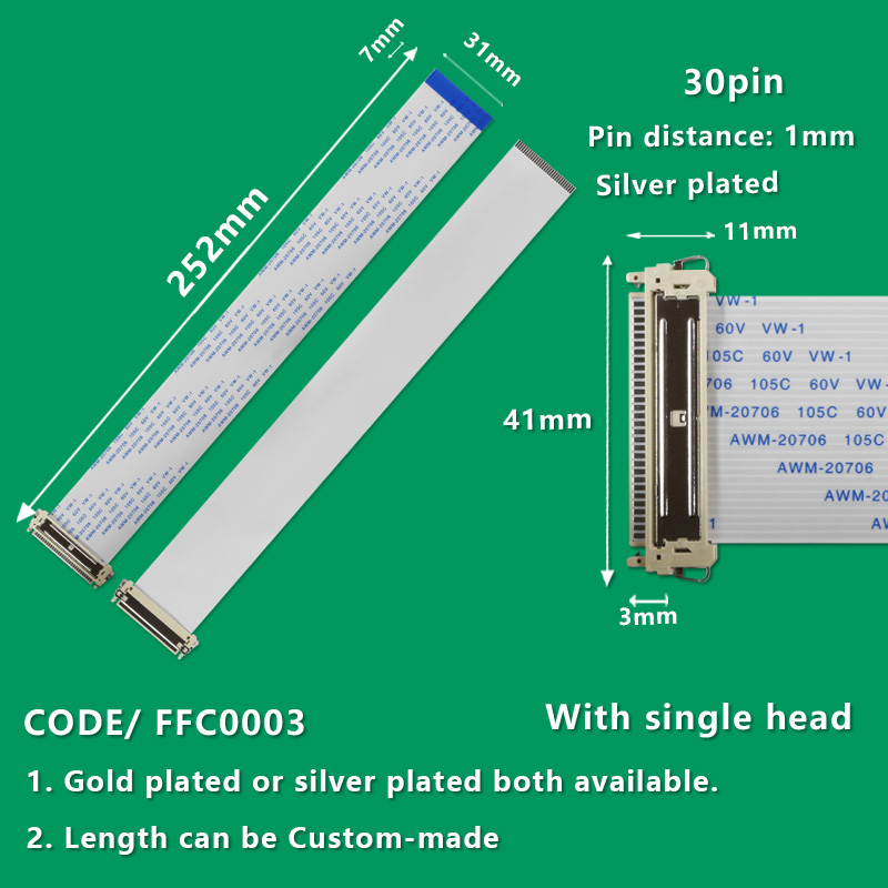 FFC0003  FFC/FPC Flexible Flat Cable Pitch 1.0mm 30-Pin AWM 20706 1050C 60V VW-1 L:252mm W:31mm